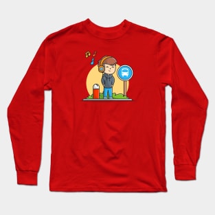 Happy Boy Listening Music with Heaphone and Waiting The Bus in Halte Cartoon Vector Icon Illustration Long Sleeve T-Shirt